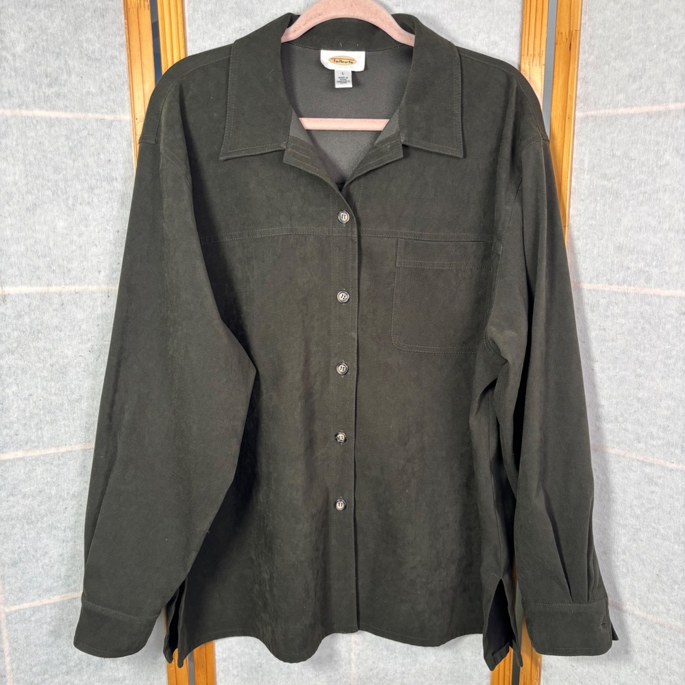 Talbots Faux Suede Button Down Shirt Large Olive Green Shacket Pocket VTG